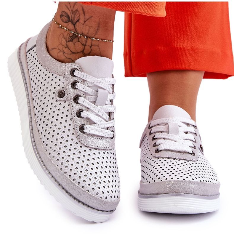 S.Barski Fashionable Leather Openwork Sport Shoes White and Silver Cantare S.Barski Fashionable Leather Openwork Sport Shoes White and Silver Cantare