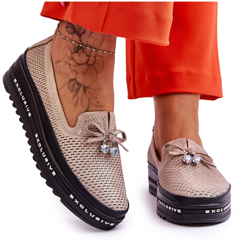 S.Barski Women's Slip-on Leather Sneakers Shiny Gold Raven golden