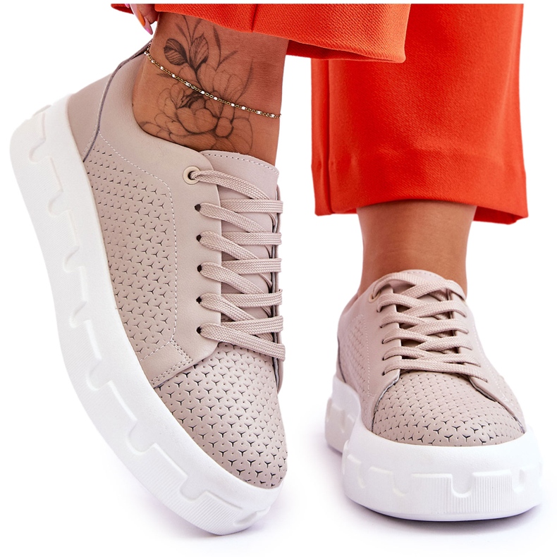 S.Barski Leather Sports Shoes On Chunky Platform Beige Montigo S.Barski Leather Sports Shoes On Chunky Platform Beige Montigo