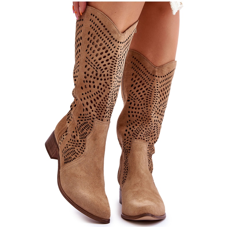 Lewski Shoes Suede Cowboy Boots Before The Knee Leewski Shoes 3305 Beige brown