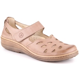 Comfortable women's openwork leather shoes with velcro beige Helios 4043
