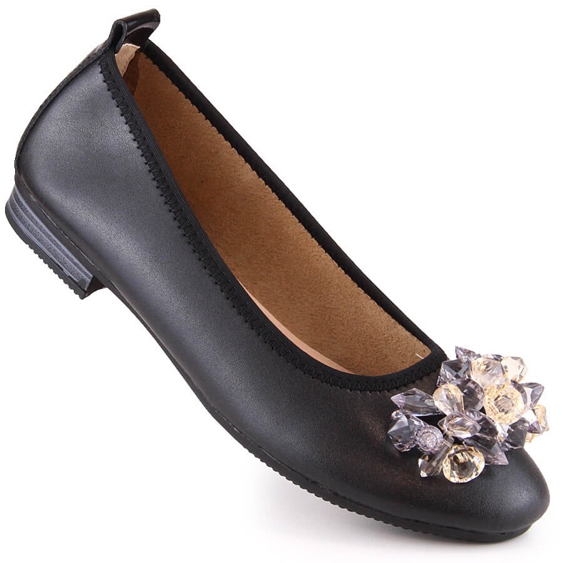 Women's leather low-heeled ballerinas with crystals black Filippo DP4527