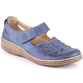 Comfortable women's openwork leather shoes with velcro, blue Helios 4043 Comfortable women's openwork leather shoes with velcro, blue Helios 4043