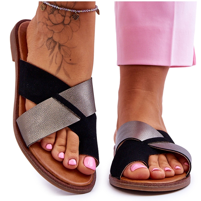 Classic Women's Leather Slippers Black Platinum Nancy