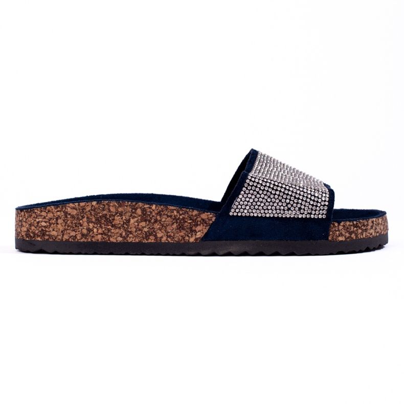 Navy blue Shelovet cork flip-flops with zircons