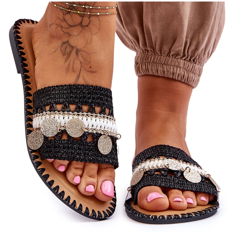 Women's Braided Embellished Slippers Black Millano
