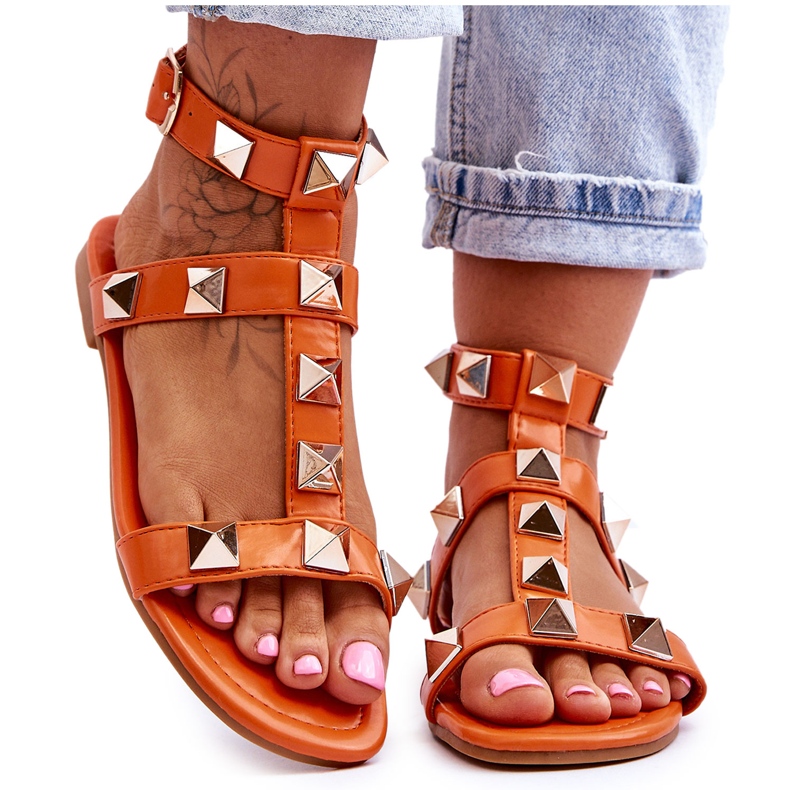 Women's Leather Sandals With Large Studs Orange Mishigan