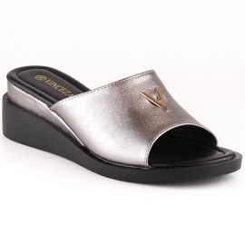 Women's wedge sandals with elastic metallic silver Vinceza 17247