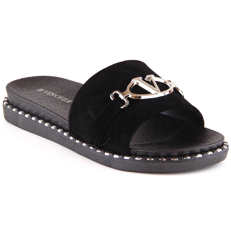 Women's suede slippers with a black decoration Vinceza 30183