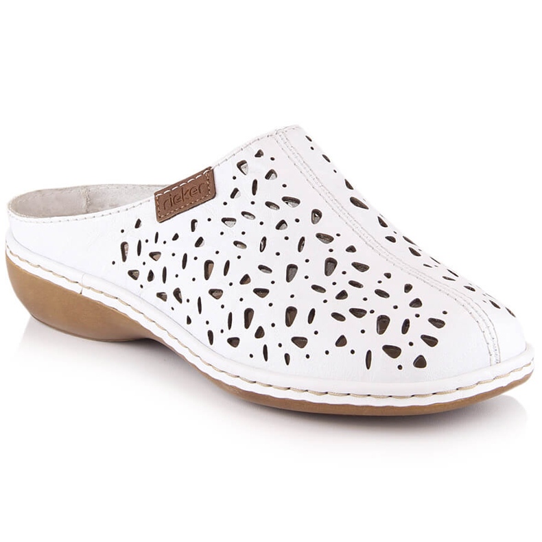 Rieker 65996-80 openwork white full leather sliders with elastic