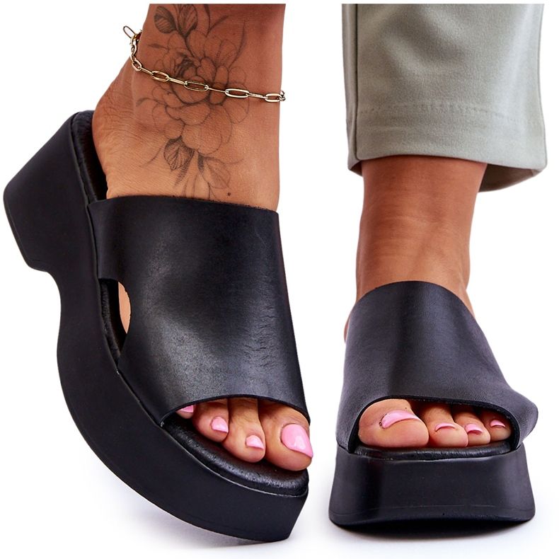 Lemar Women's Leather Platform Slippers Black Lucami