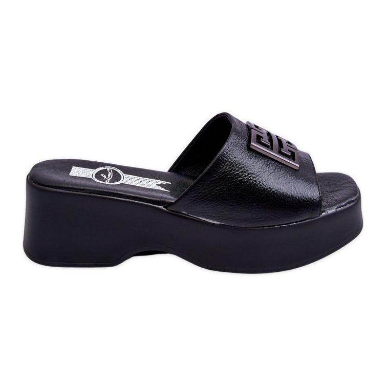 Lemar Women's Leather Platform Slippers With Embellishments Black Renna