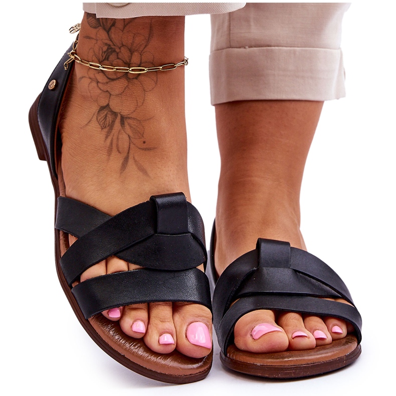 Zazoo Comfortable Black Kayla Leather Slip-on Sandals