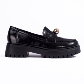 Lacquered black loafers with gold Shelovet embellishments Lacquered black loafers with gold Shelovet embellishments