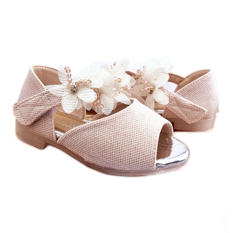 Vinceza Children's Velcro Sandals With Flowers Beige Fiona