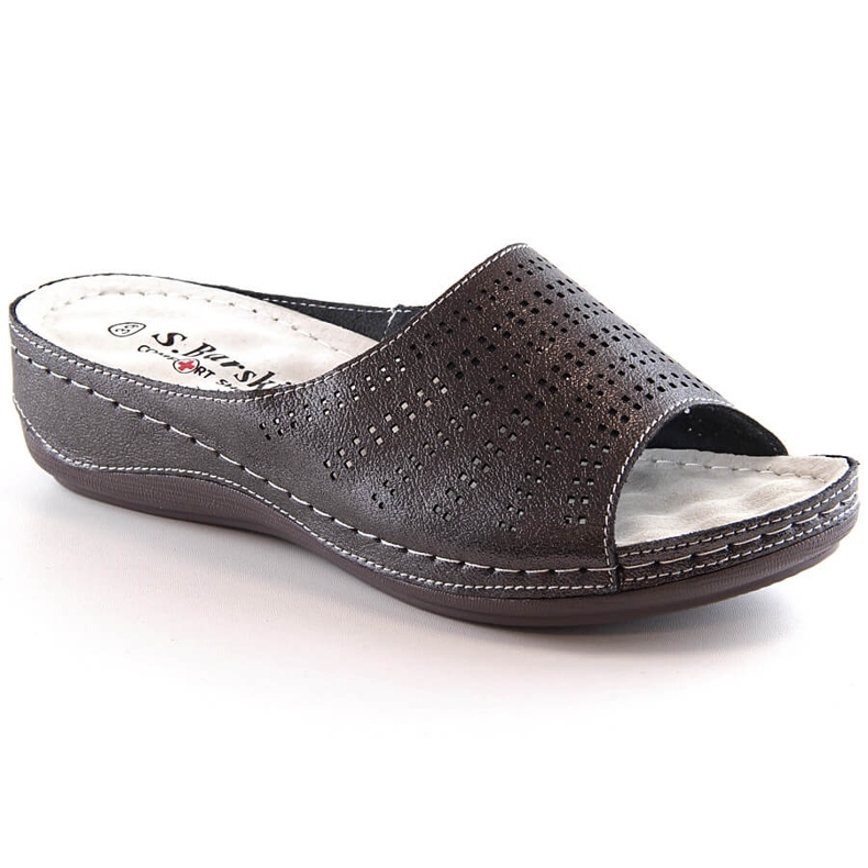 Comfortable women's leather slippers on a pewter wedge S.Barski BN292 grey
