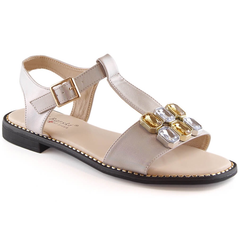 Women's flat comfortable beige sandals with zircons S.Barski 2775-30