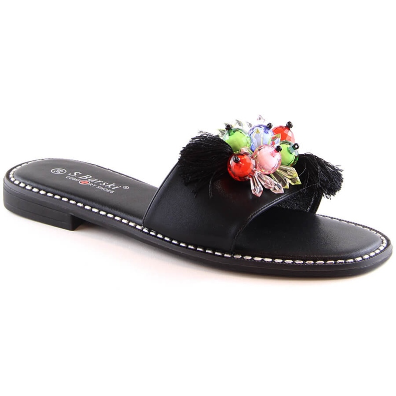 Women's flat comfortable black slippers with beads S.Barski Kv 2775-47