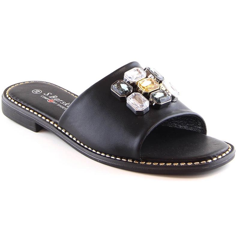 Women's flat comfortable black slippers with zircons S.Barski Kv 2775-31