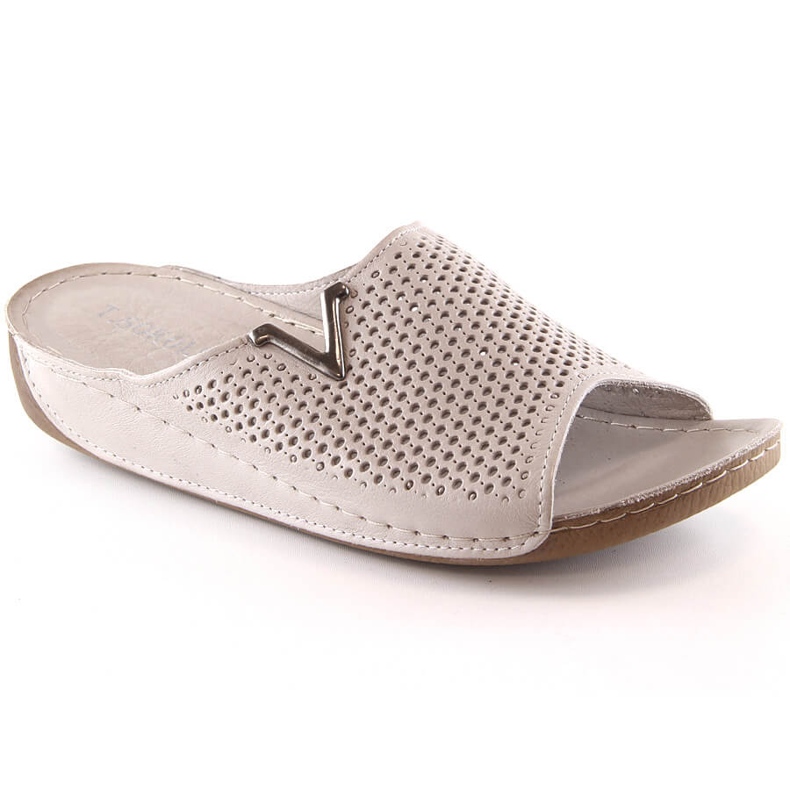 Women's openwork beige leather slippers T.Sokolski L23-356