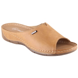 Comfortable women's leather slippers with elastic band light brown Helios 105 beige