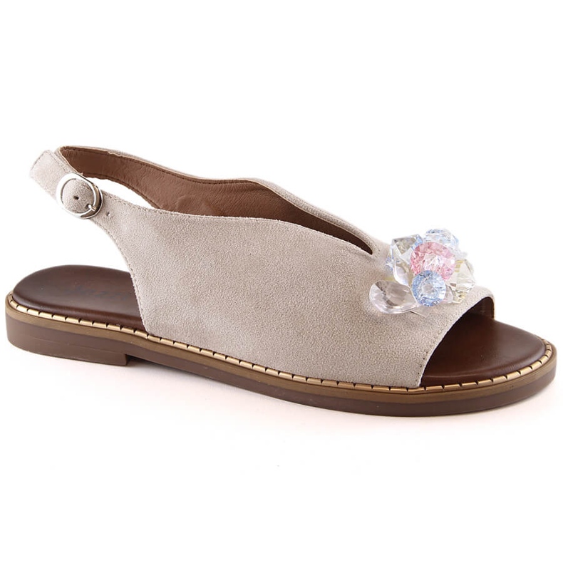 Women's flat suede sandals with beige crystals Jezzi RMR2266-2