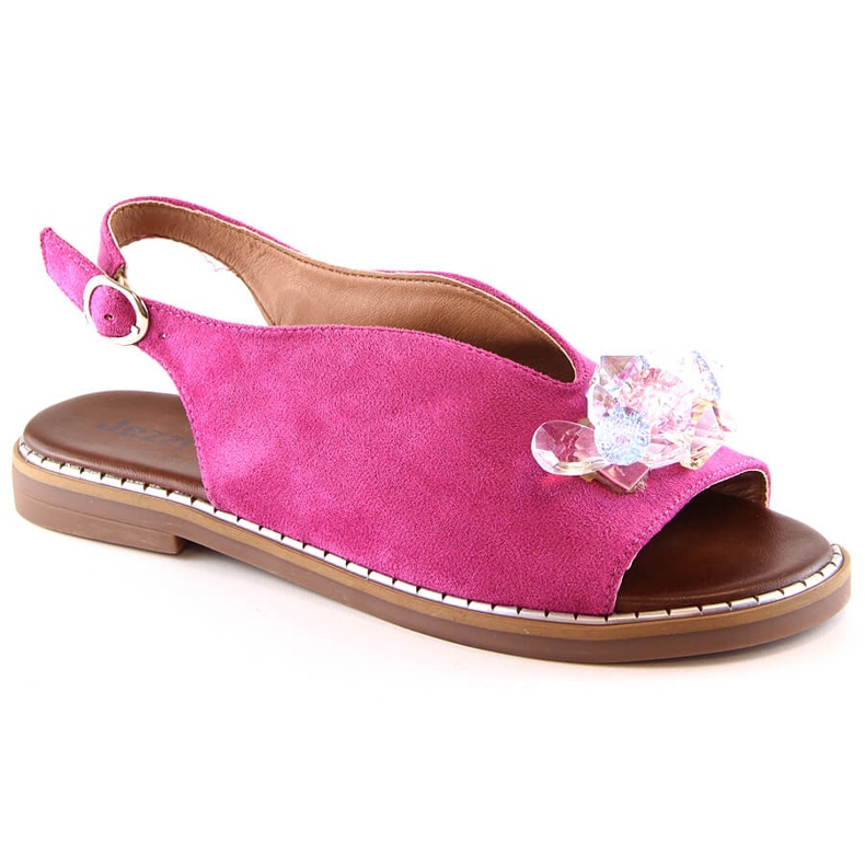 Women's flat suede sandals with fuchsia crystals Jezzi RMR2266-2 pink