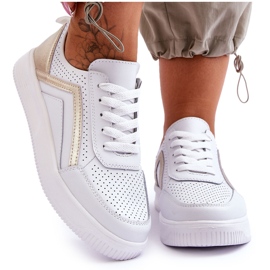 Women's Leather Perforated Sports Shoes White and Gold Carvalo