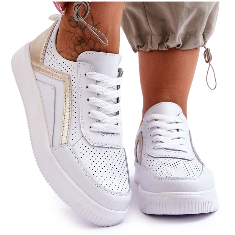 Women's Leather Perforated Sports Shoes White and Gold Carvalo