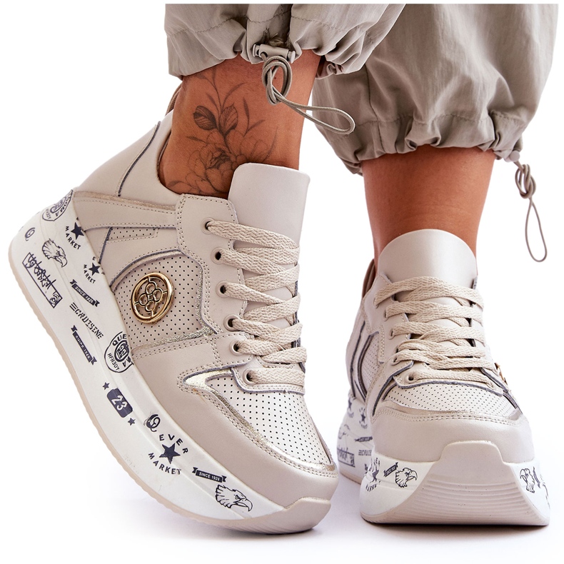 PE1 Women's Leather Sneakers On A Chunky Platform Beige Asturias