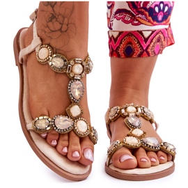 Dallas Beige Suede Flat Sandals With Stones