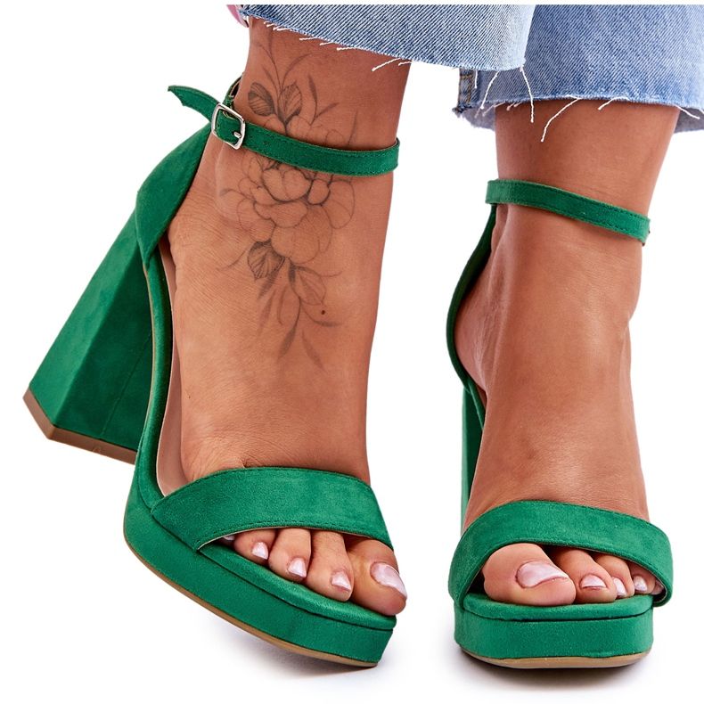 Fashionable Suede Green Merila Square Heel Sandals