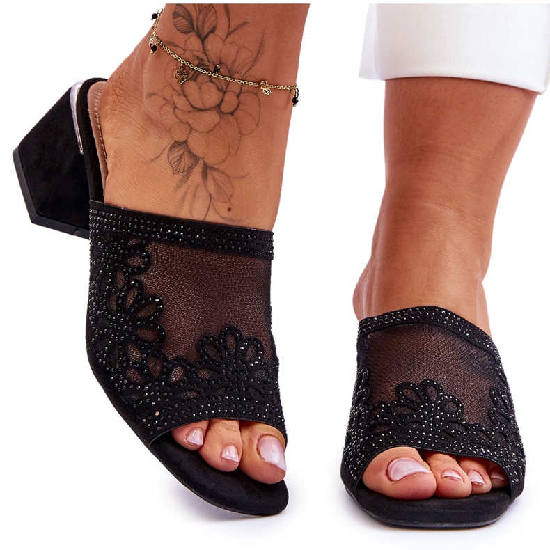 Heeled Slippers With Mesh S.Barski KV-612-1 Black Heeled Slippers With Mesh S.Barski KV-612-1 Black