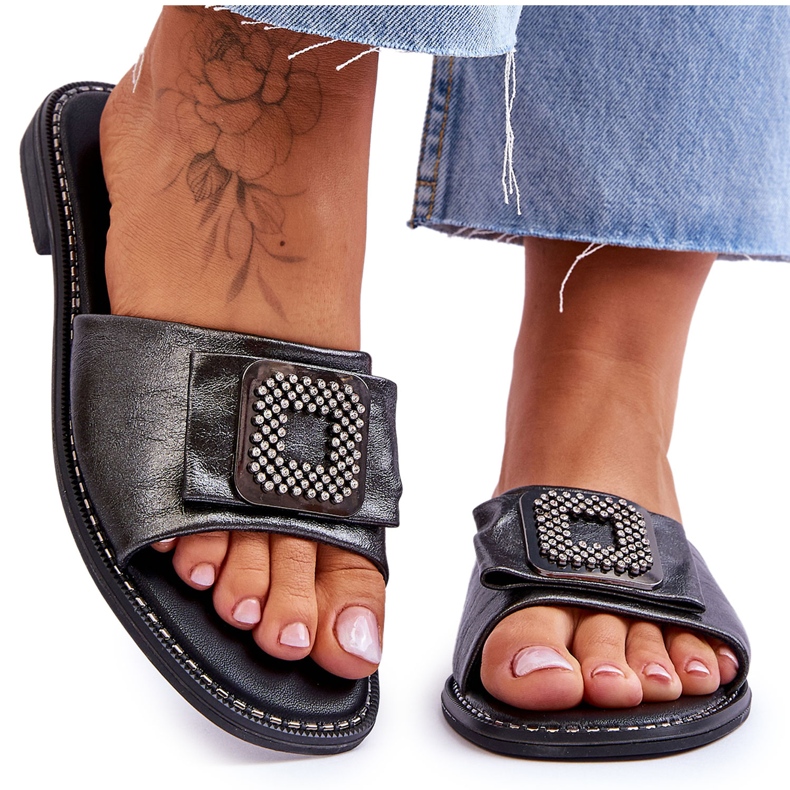 Women's Leather Slippers With Rhinestones S.Barski KV-2775-33 Dark Silver