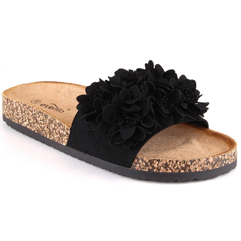 Women's flat slippers with black flowers eVento 5969