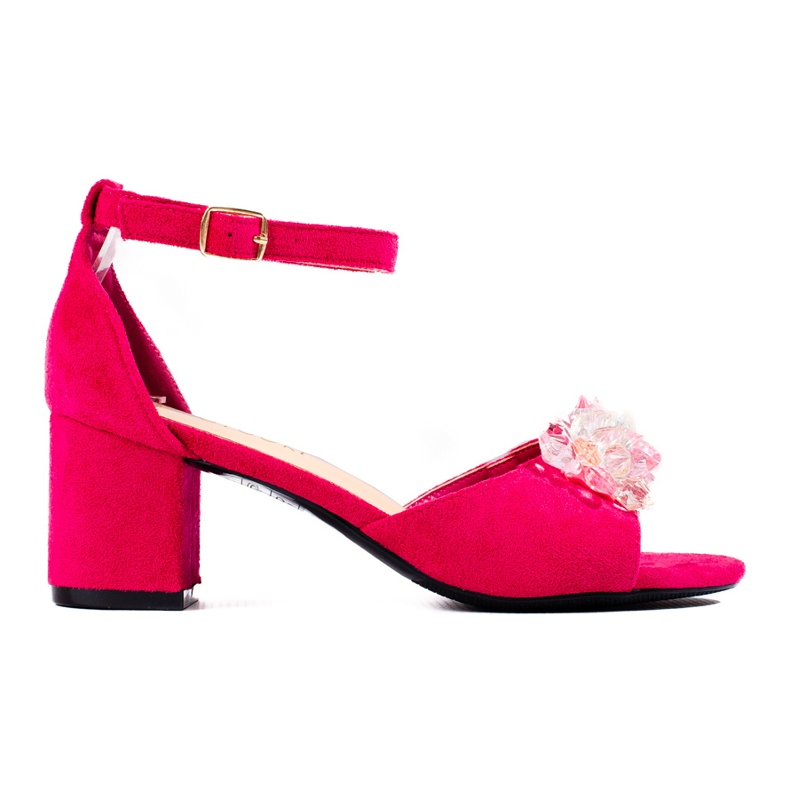 W. Potocki Suede sandals on a post with Potocki fuchsia crystals pink
