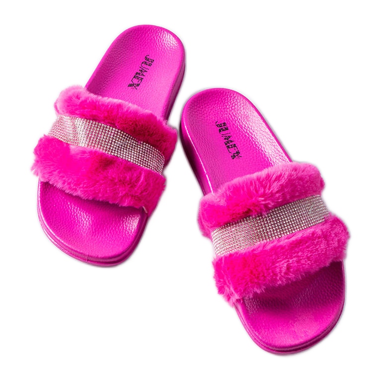Fluffy Juicy Flip Flops Hot Pink Slides With Rhinestones HOT PINK