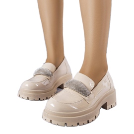 Beige lacquered brogues with cubic zirconias from Mouss