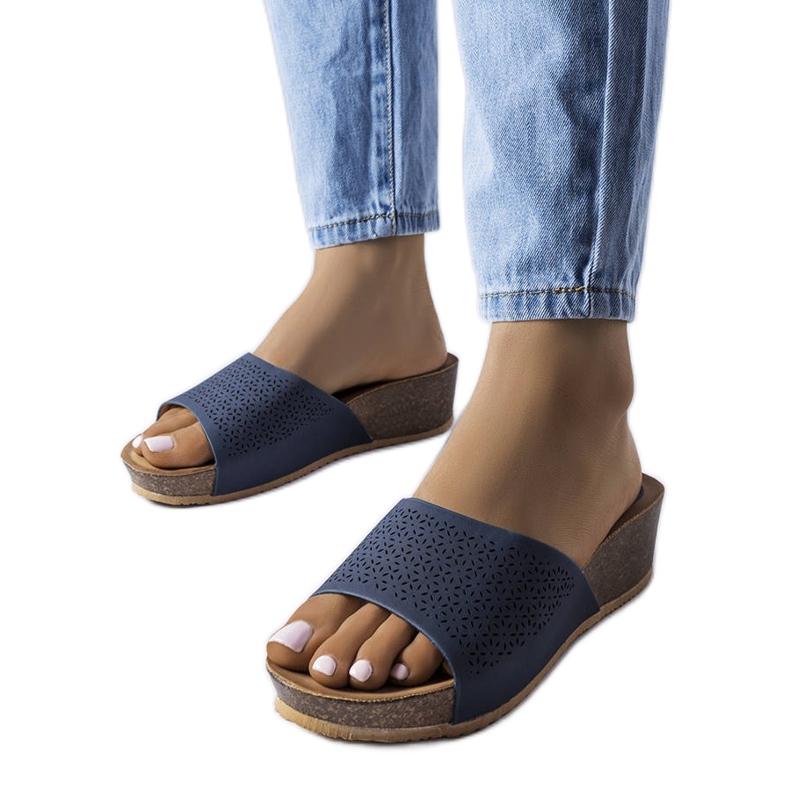 Navy blue openwork wedge sliders from Bourque