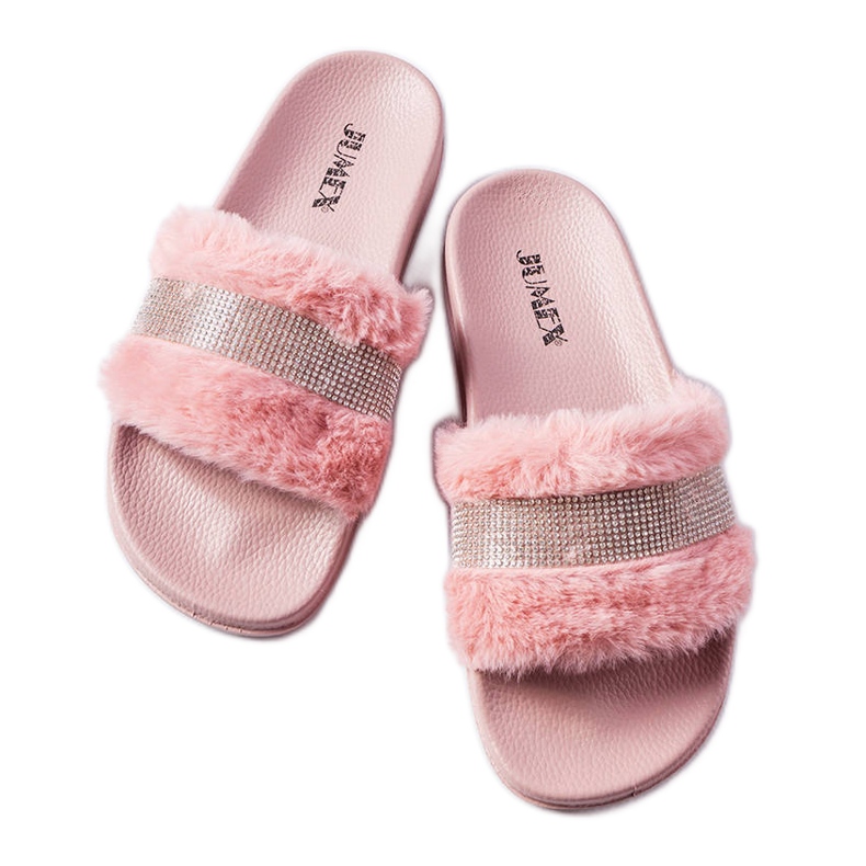 Pink fur slides with rhinestones from Carrito