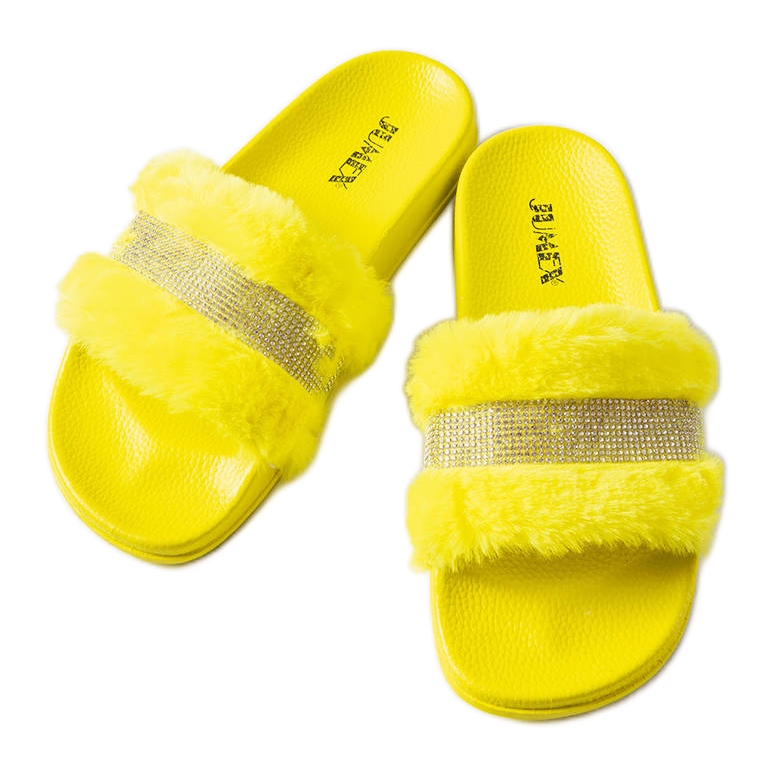 Yellow fur slides with rhinestones from Carrito KeeShoes
