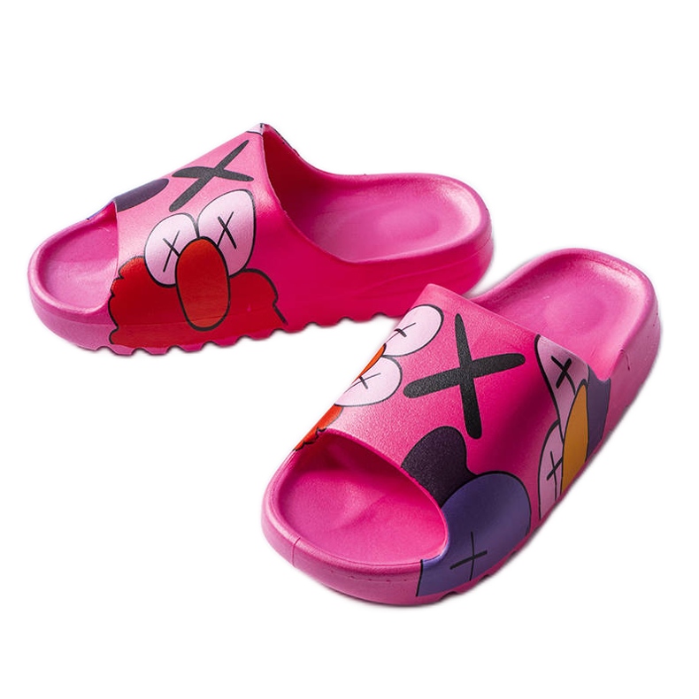 Dark pink flip flops with prints