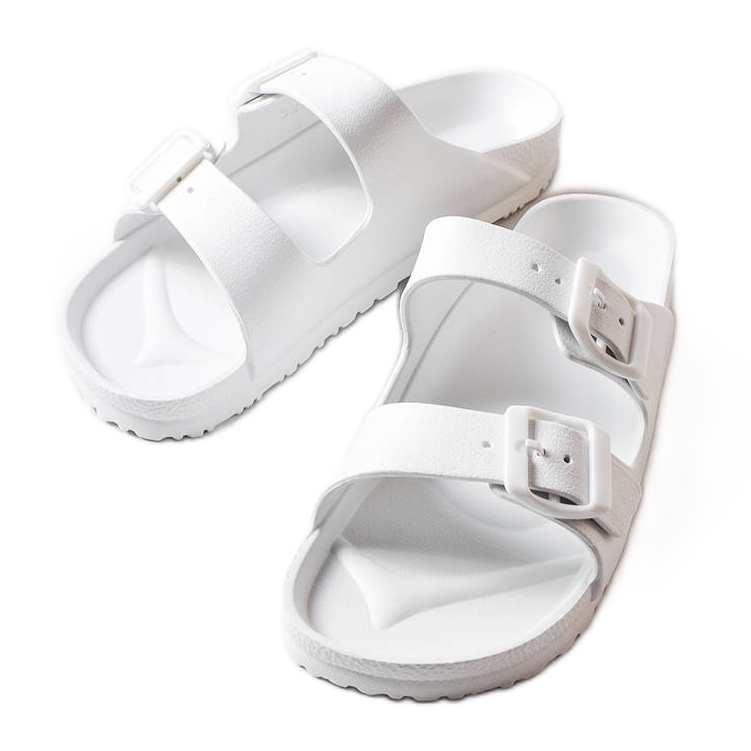 White rubber sliders with buckles from Eugene
