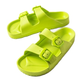 Green rubber sliders with buckles from Eugene Green rubber sliders with buckles from Eugene