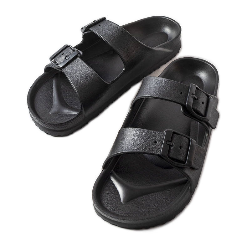 Black rubber sliders with buckles from Eugene