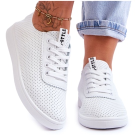 Women's openwork lace -up white sneakers