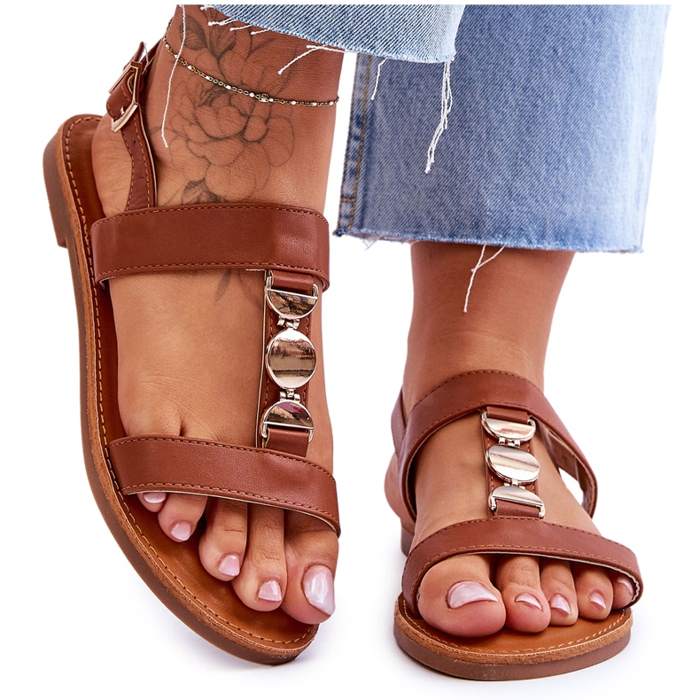 Women's Flat Sandals With A Decorative Strap Brown Berry