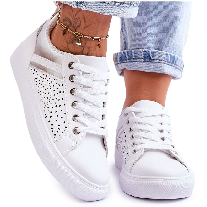 Classic Sports Shoes With Openwork Pattern White And Silver Happier
