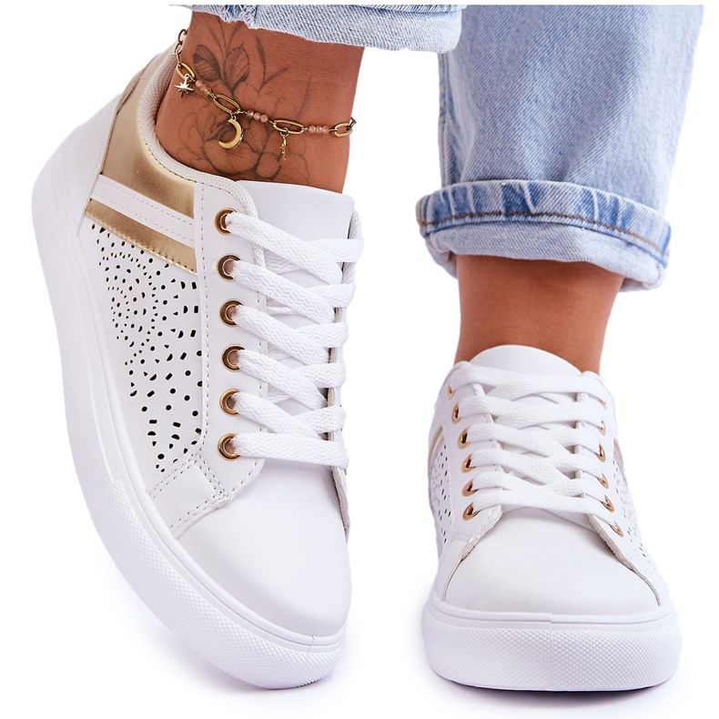 Classic Sports Shoes With Openwork Pattern White And Gold Happier
