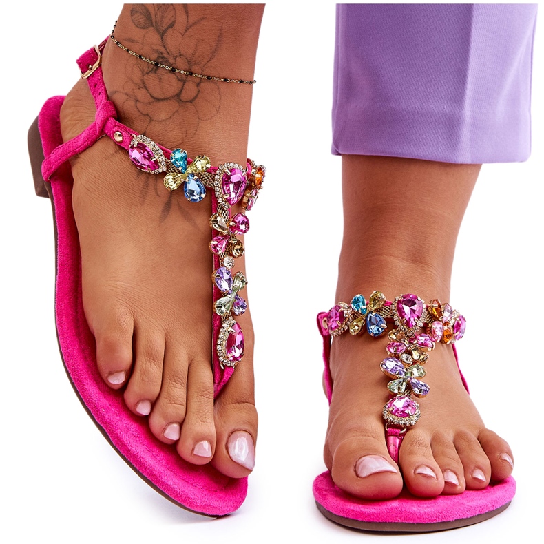 FB2 Pink Suede Flip Flops With Stones Frency